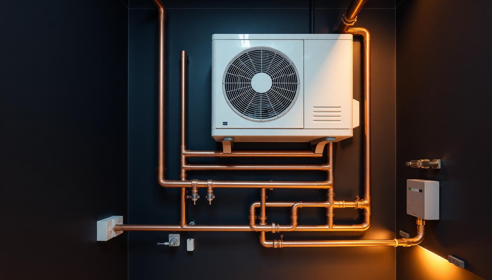 Technische ruimte met warmtepomp-unit en verzorgd koperen leidingwerk