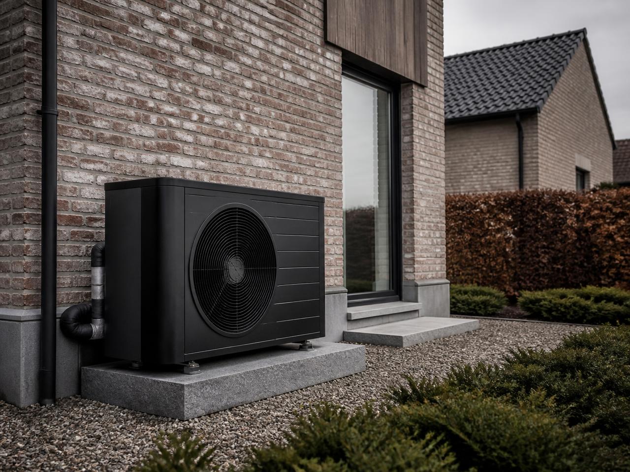 Matzwarte lucht-waterwarmtepomp op een natuurstenen sokkel naast een moderne gevel