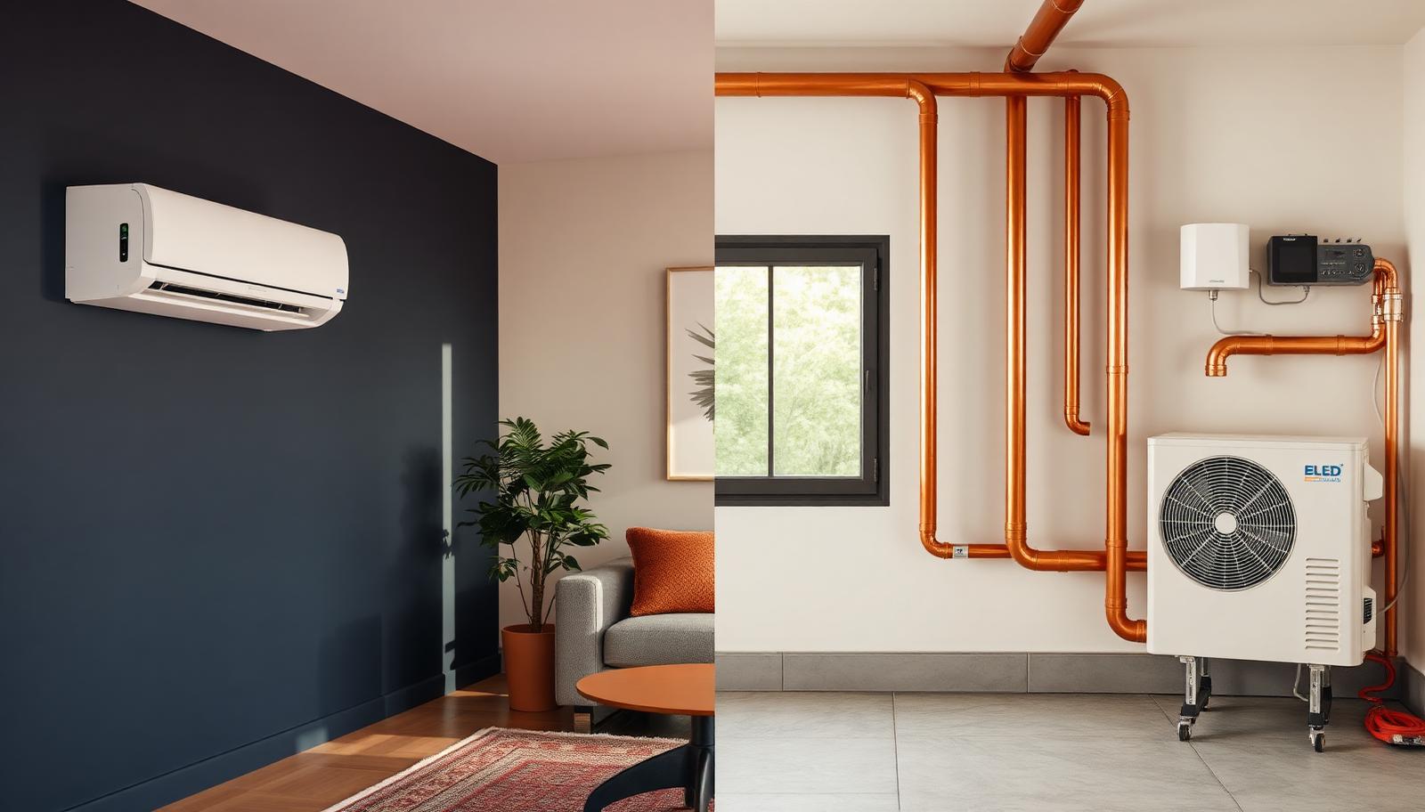 Wandmodel airco in een woonkamer naast een warmtepompopstelling met koperen leidingen