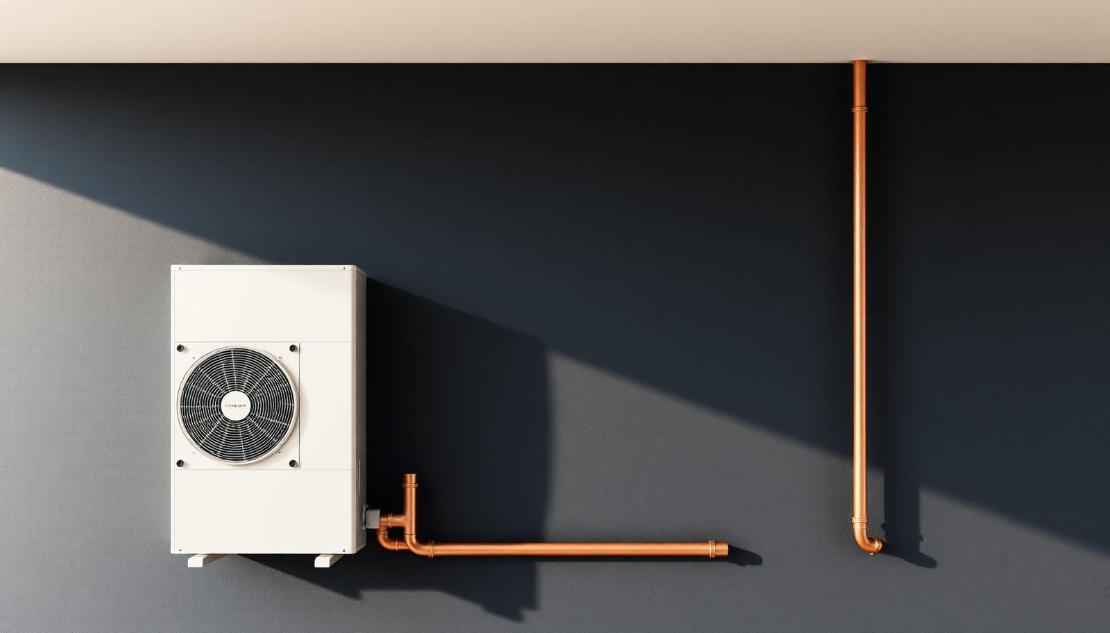 Warmtepomp-buitenunit met koperen leidingwerk tegen een donkerblauwe gevel