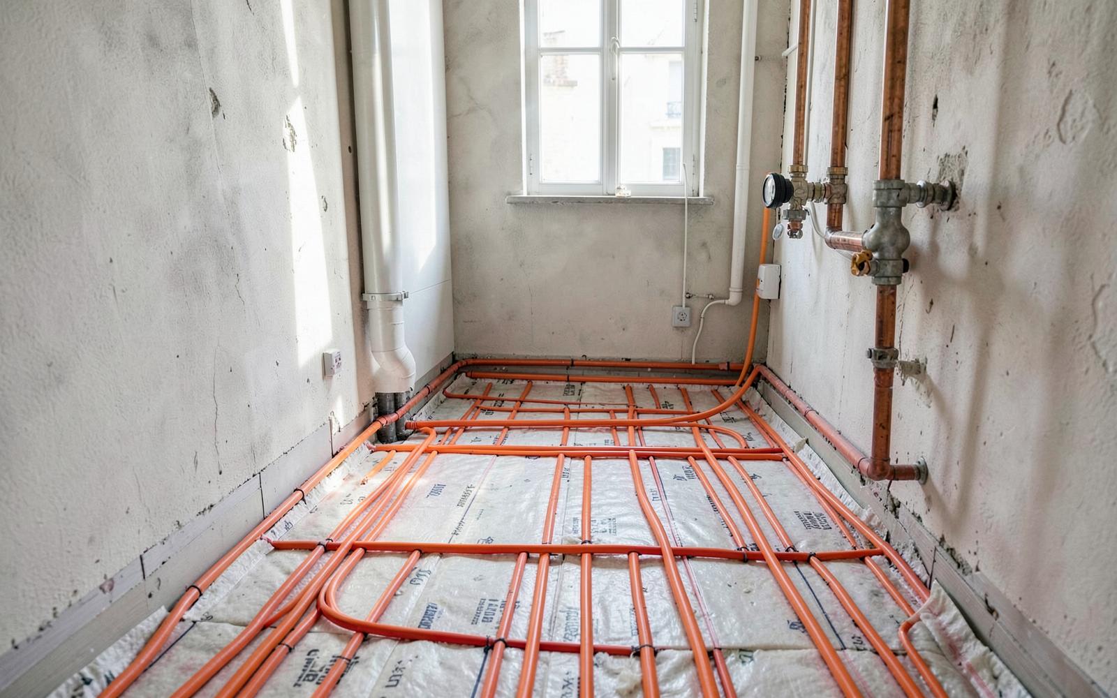 Vloerverwarmingskringen met verdeler en koperen leidingwerk in een rijhuis in renovatie