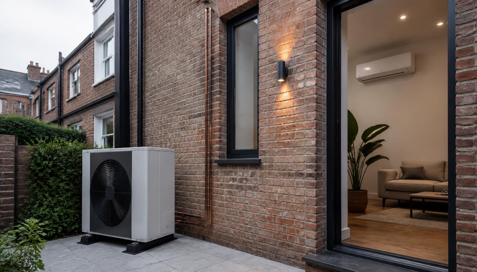 Buitenunit van een warmtepomp met net weggewerkte koperen leidingen tegen een gevel, met binnen een discrete split-unit