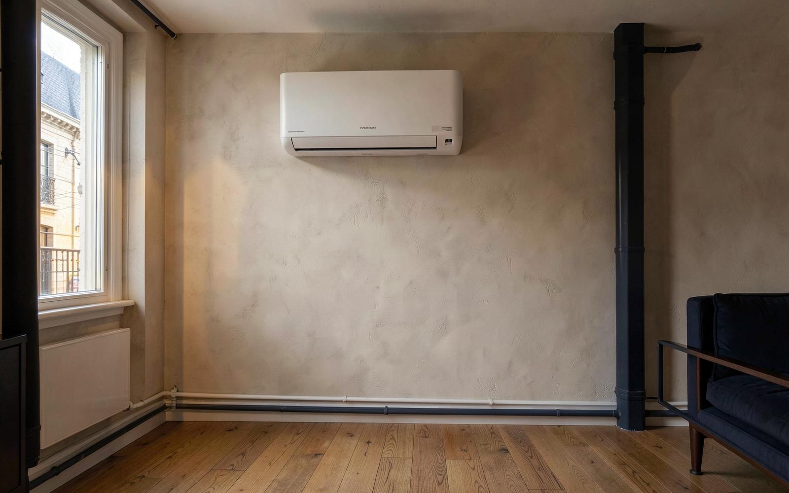 Wandmodel airco discreet geplaatst in een gerenoveerd Antwerps rijhuis met eiken vloer