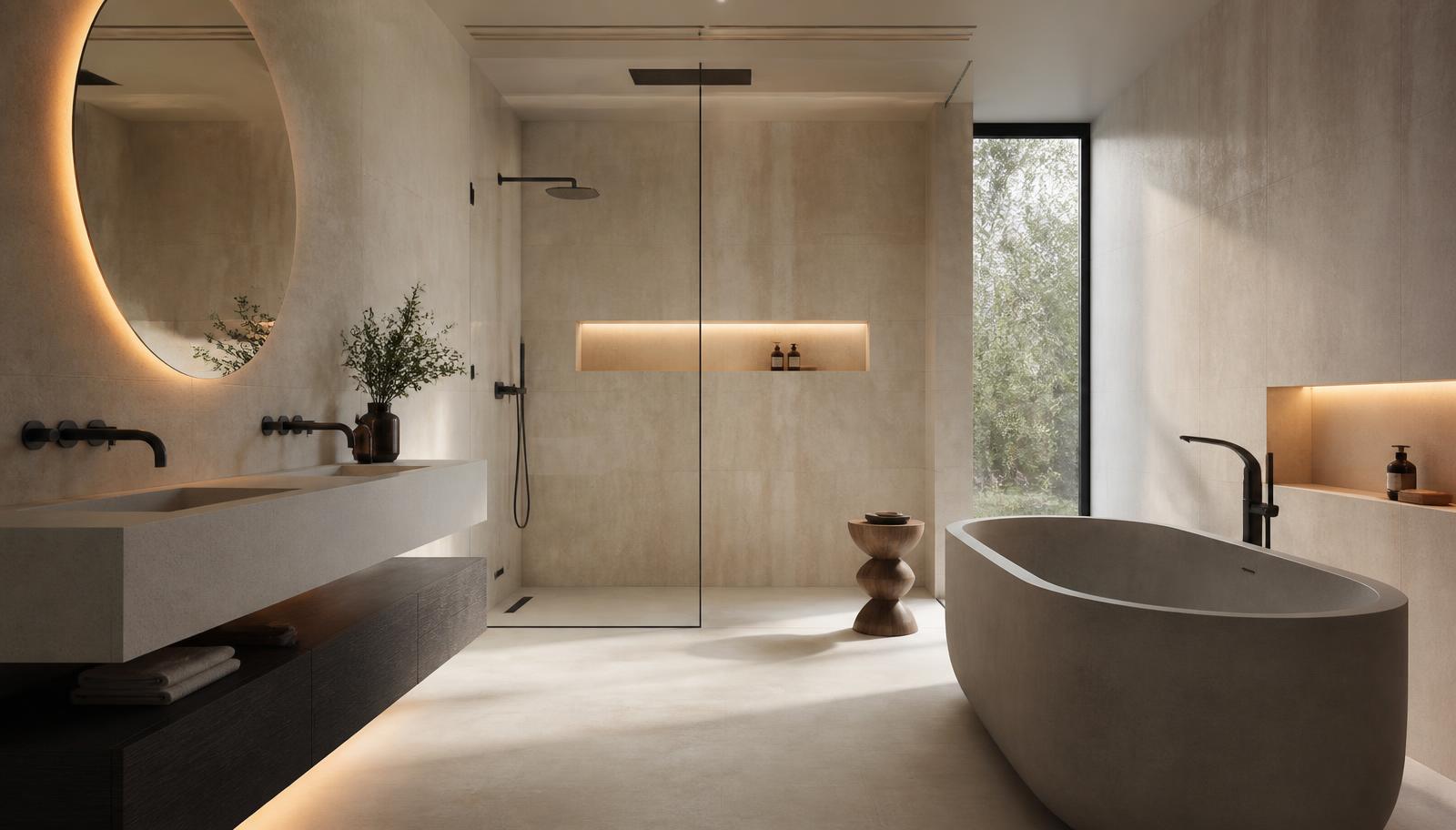Badkamer met natuursteen wandbekleding, betonnen vrijstaand bad, mat zwart kraanwerk en backlit ronde spiegel