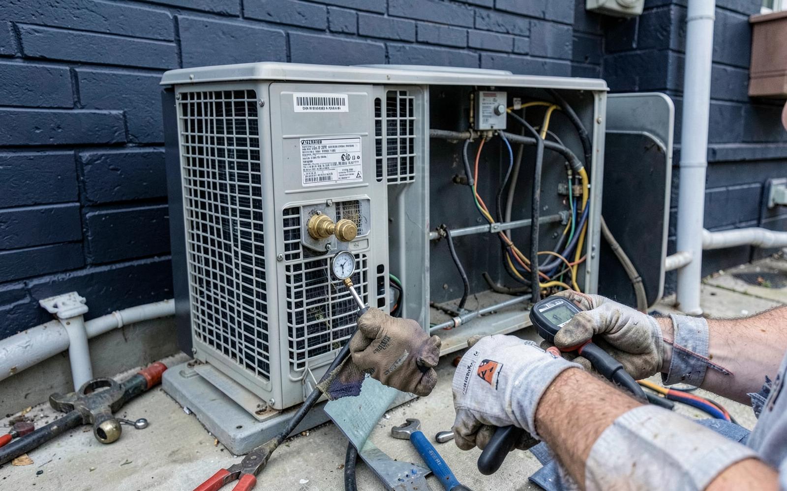 Technicus meet druk aan een geopende buitenunit van een warmtepomp tegen een donkerblauwe gevel