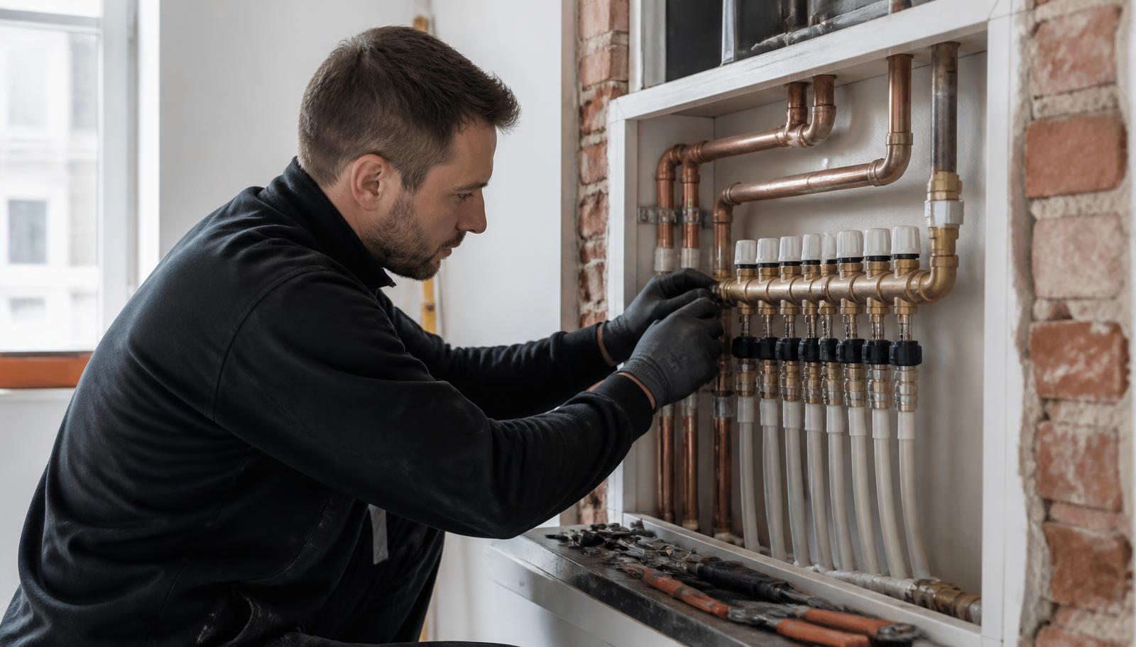 Installateur werkt aan een verdeler met koperen leidingen en vloerverwarmingskringen op een opgeruimde werf