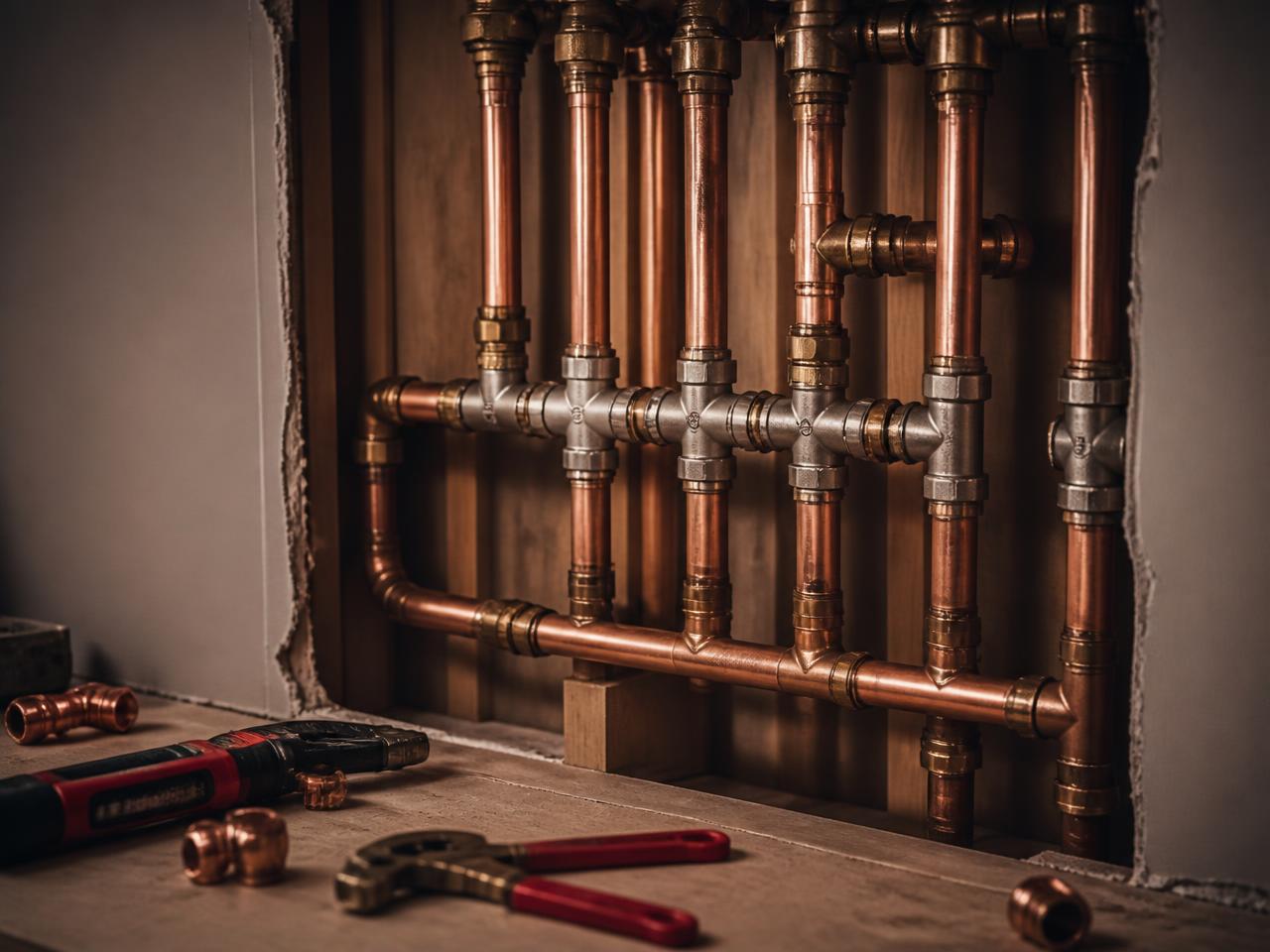 Geperste koperen waterleidingen met messing fittingen in een geopende wand
